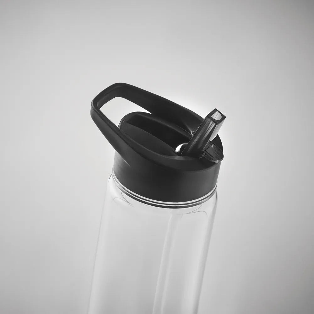 Essentix rPET drinkfles met flip-top rietje 650 ml detail van dop en drinktuit, Zwart - 196467