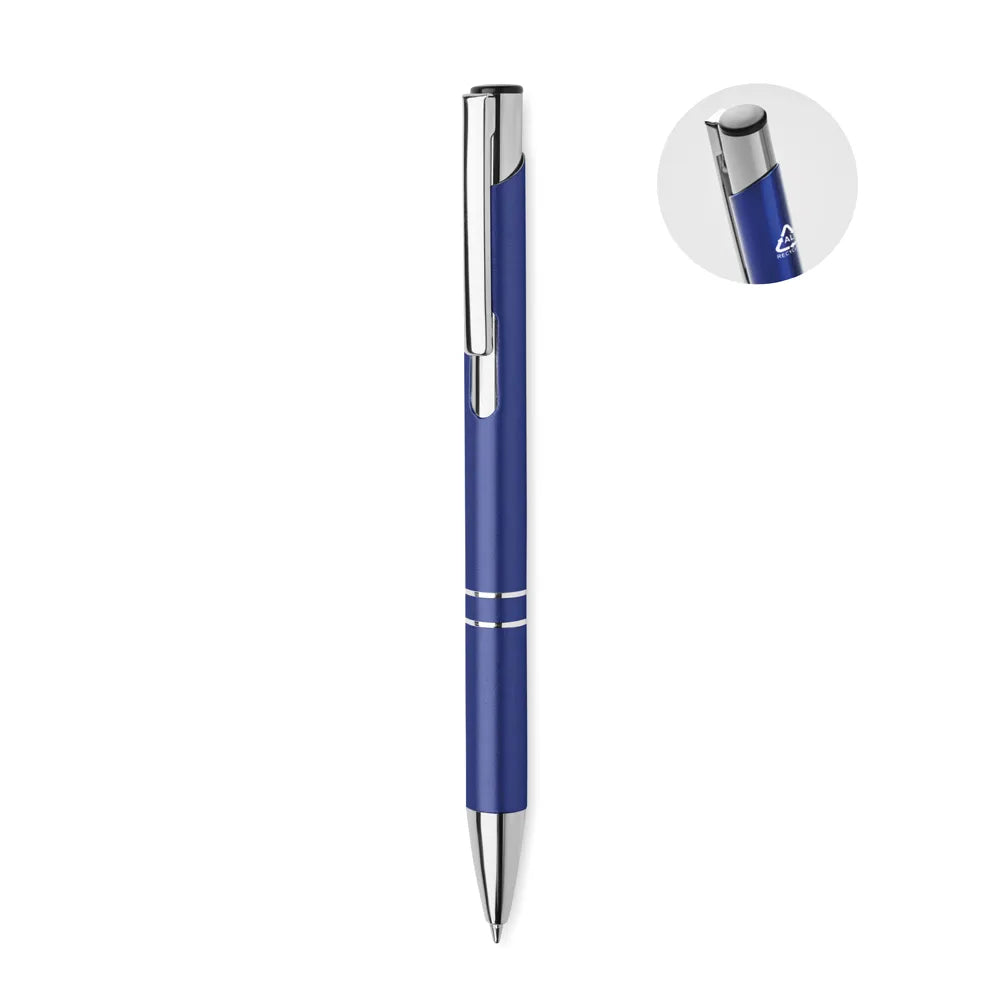 Gerecyclede aluminium balpen met drukknop met bedrukking en uitvergroot detail, Blauw - 196561