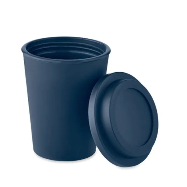 Dubbelwandige PP-beker 300 ml met deksel met deksel ernaast, Blauw - 196583