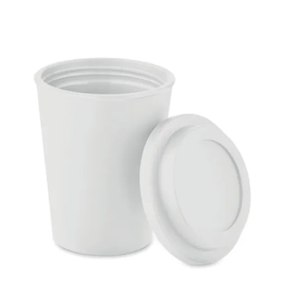 Dubbelwandige PP-beker 300 ml met deksel met deksel ernaast, Wit - 196583