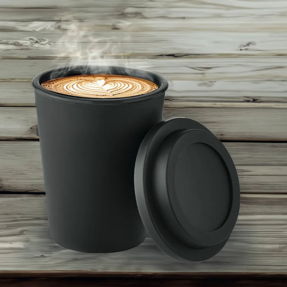 Dubbelwandige PP-beker 300 ml met koffie en los deksel, Zwart - 196583
