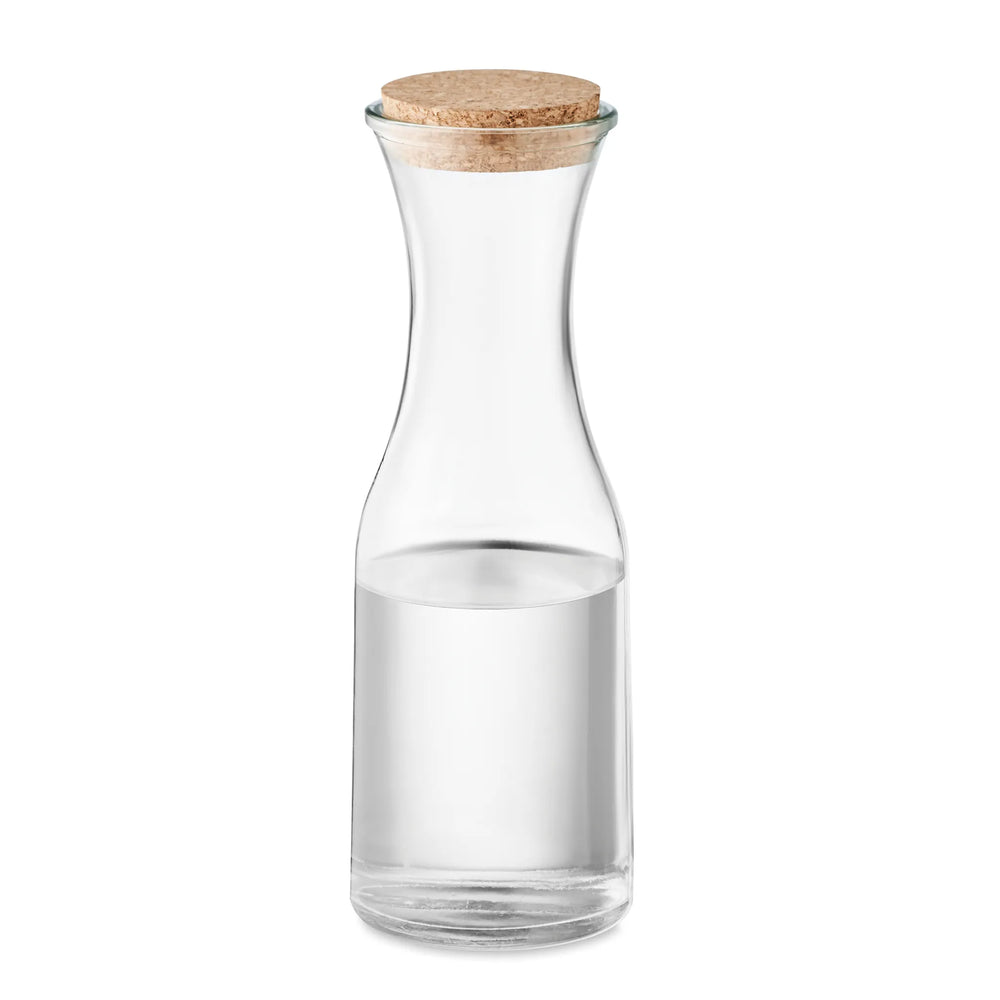 Detailfoto van karaf van gerecycled glas met kurk met water – artikelnummer 196655.