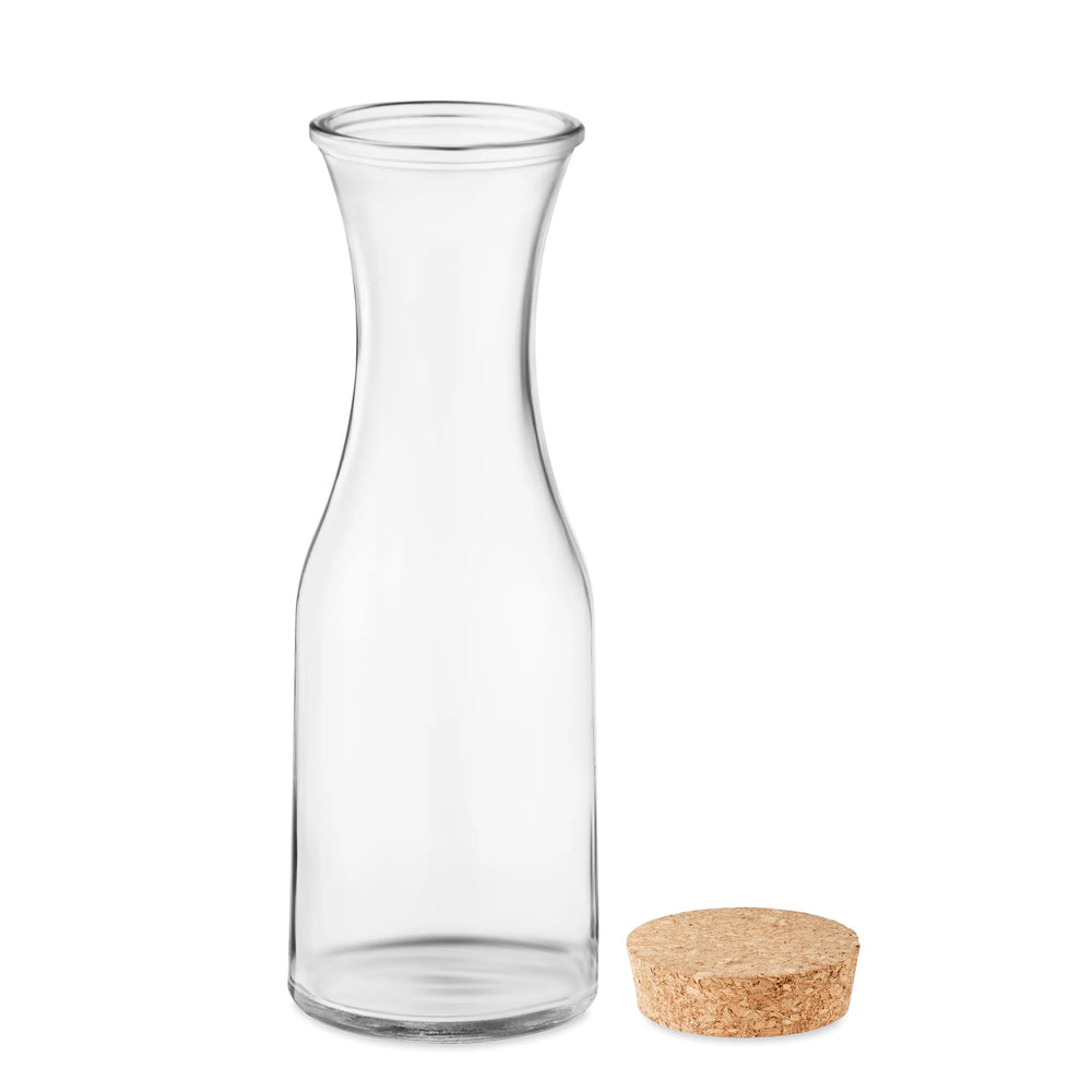 Detailfoto van karaf van gerecycled glas met kurk open artikelnummer 196655.