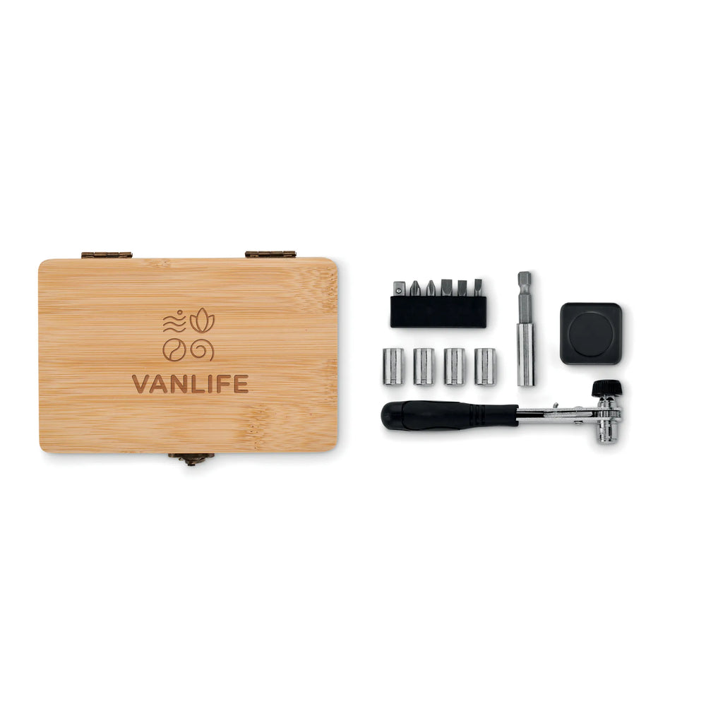 13 delige gereedschapsset in bamboe koffer print 196757