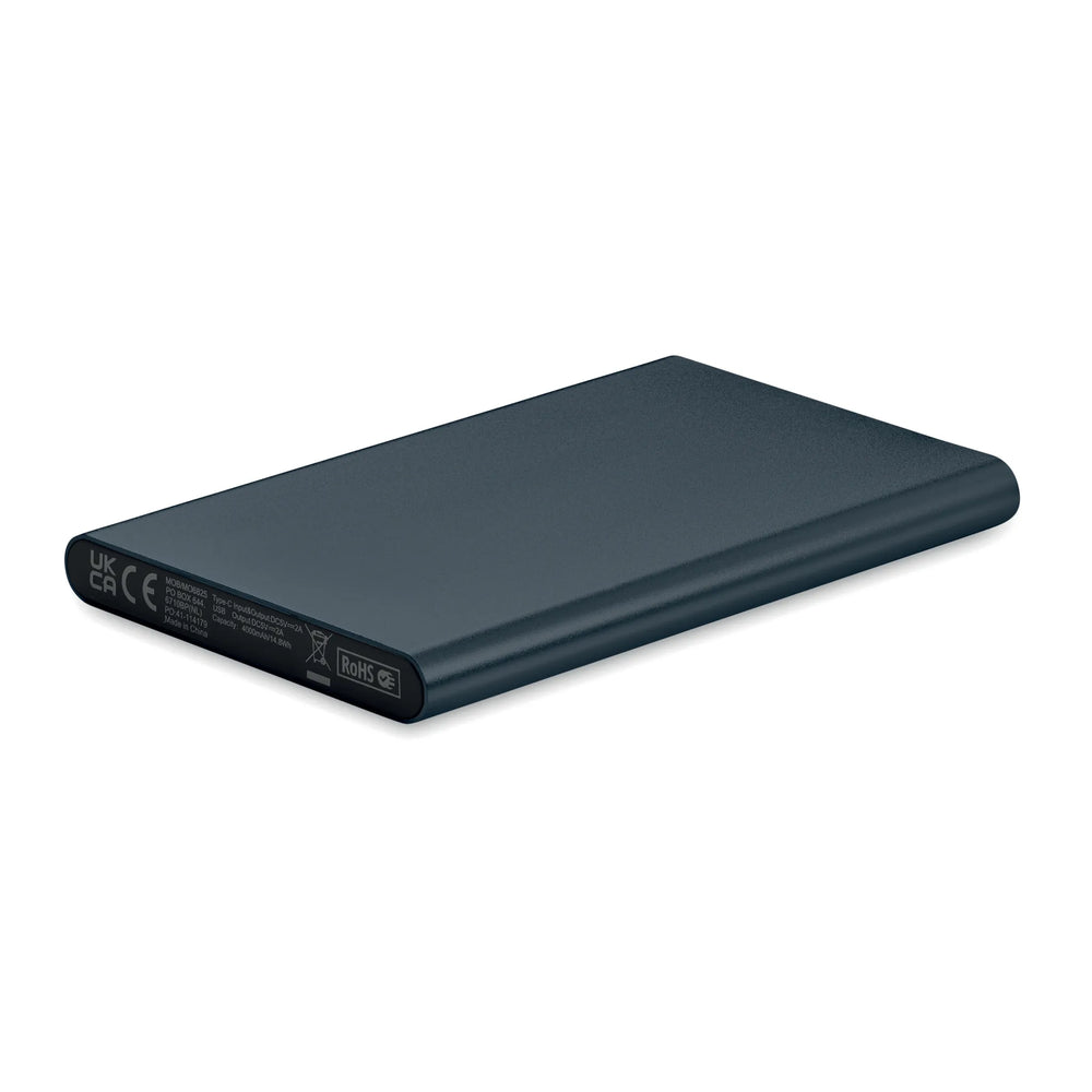 Powerbank 4000 mAh van gerecycled aluminium schuin van boven, Marineblauw - 196825