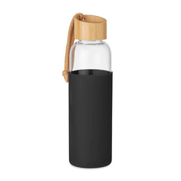 Glazen drinkfles 500 ml met siliconen hoes en bamboe deksel, Zwart - 196845