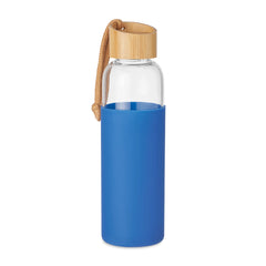 Glazen fles met siliconen pouch en bamboe deksel 500 ml - Blauw