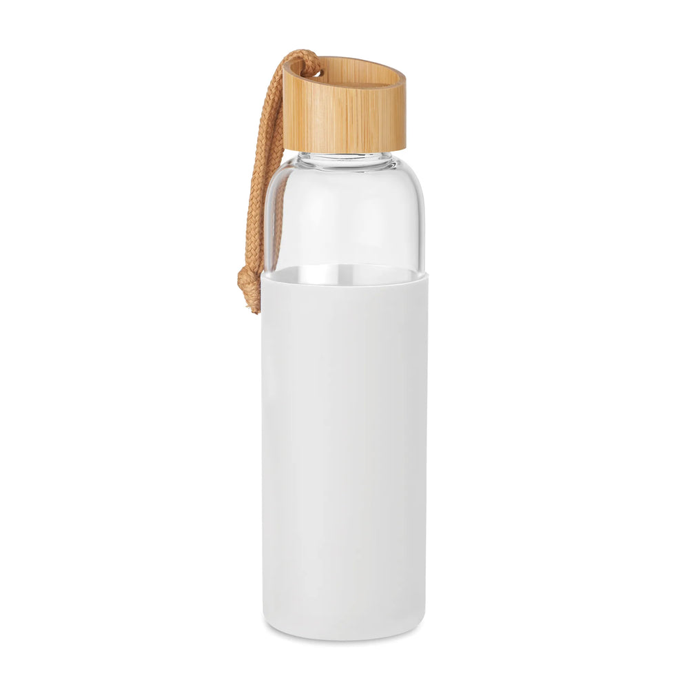 glazen fles met siliconen pouch en bamboe deksel inhoud 500 ml wit 196845