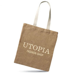 Jute boodschappentas met katoenen handvatten met bedrukking, Beige - 197264