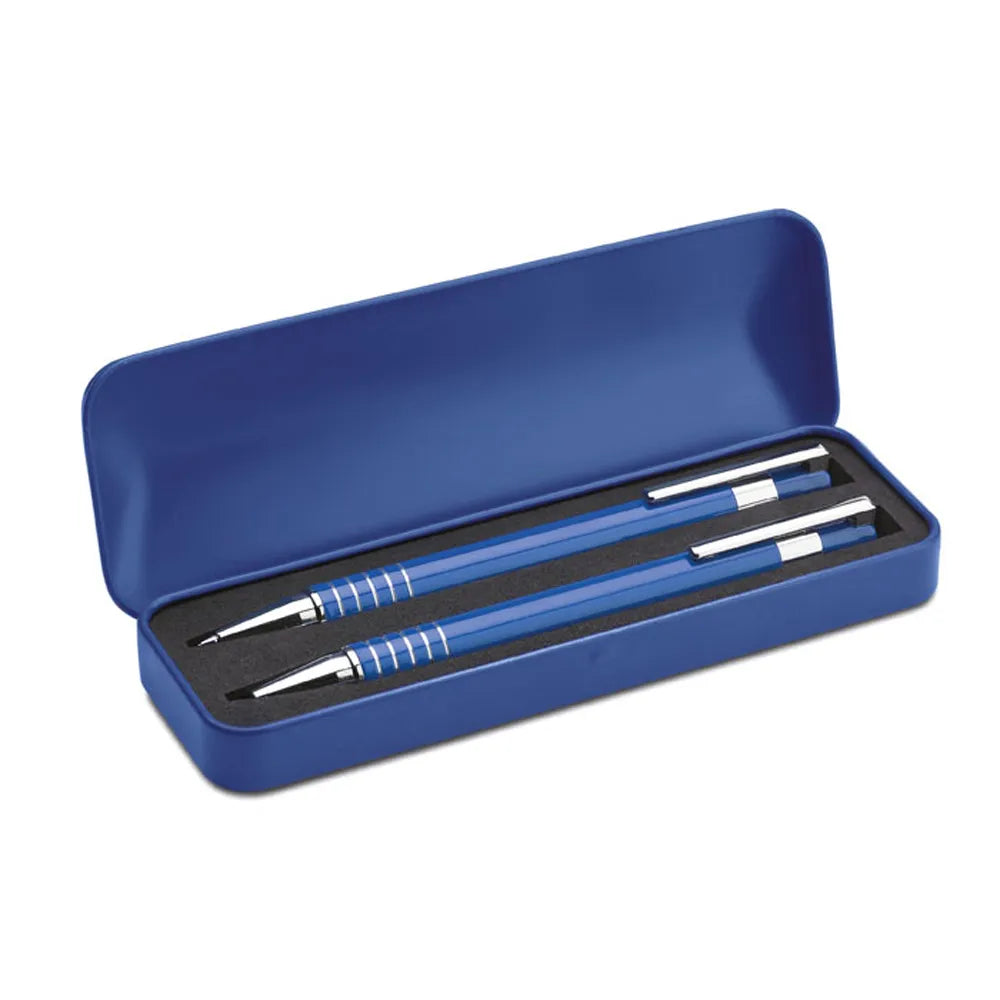 aluminium schrijfset balpen vulpotlood blauw in doosje 197323