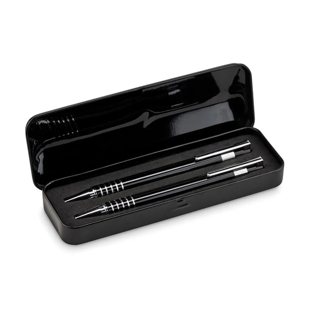 aluminium schrijfset balpen vulpotlood zwart in doosje 197323