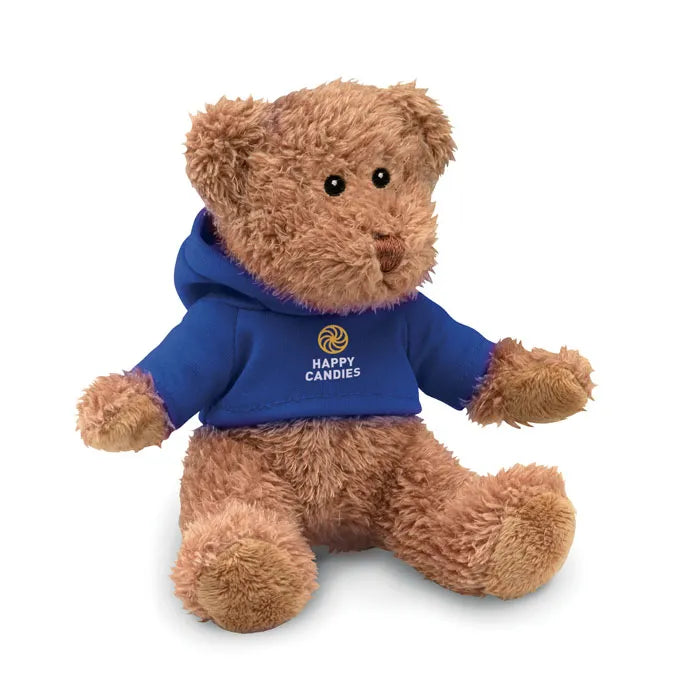 pluche teddybeer in sweater met capuchon in drie kleuren blauw logo 197375