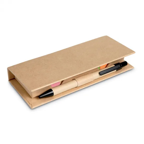 Gerecycled kartonnen memoblokje met pen, plakbriefjes en liniaal, Beige - 197756