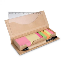 Gerecycled kartonnen memoblokje met pen, plakbriefjes en liniaal geopend, Beige - 197756