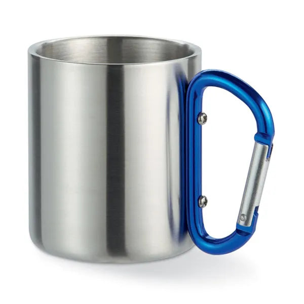 Dubbelwandige RVS mok 220 ml met karabijnhaak handvat, Zilver en blauw - 198313