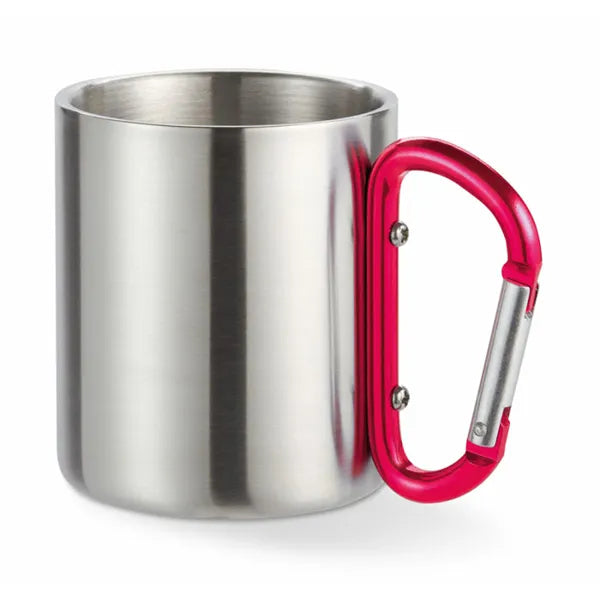 Dubbelwandige RVS mok 220 ml met karabijnhaak handvat, Zilver en rood - 198313