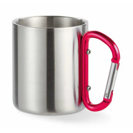 Dubbelwandige RVS mok 220 ml met karabijnhaak handvat, Zilver en rood - 198313
