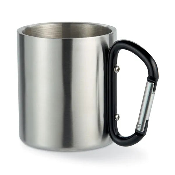 Dubbelwandige RVS mok 220 ml met karabijnhaak handvat, Zilver en zwart - 198313