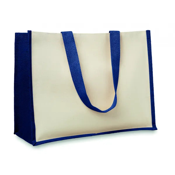 Jute en canvas boodschappentas met lange hengsels, Beige en blauw - 198967