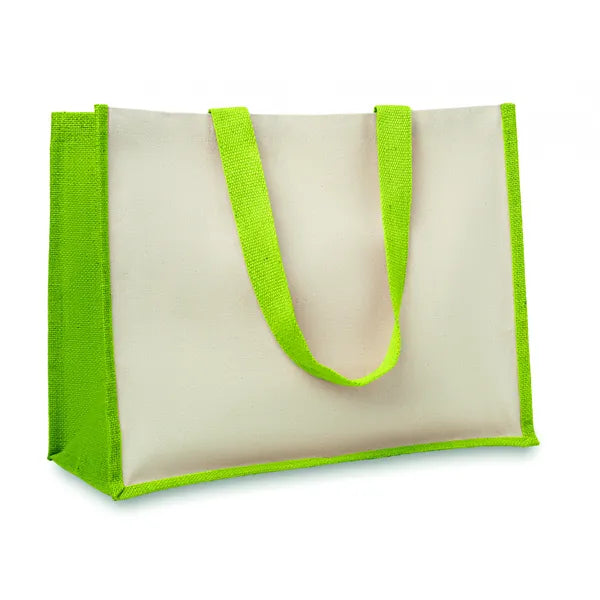 Jute en canvas boodschappentas met lange hengsels, Beige en limegroen - 198967