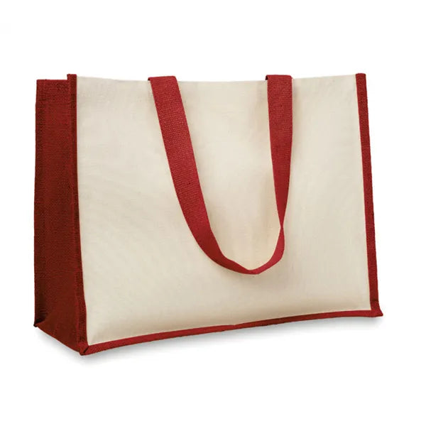 Jute en canvas boodschappentas met lange hengsels, Beige en rood - 198967