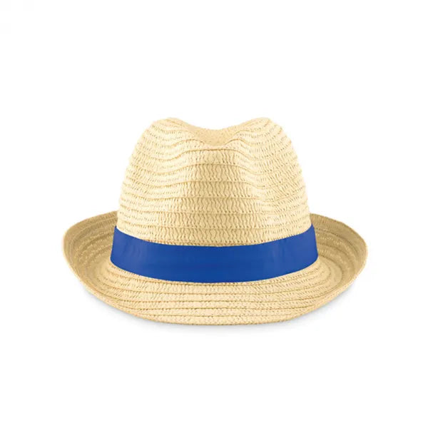 Papieren strohoed met bedrukbare band, Beige en blauw - 199341
