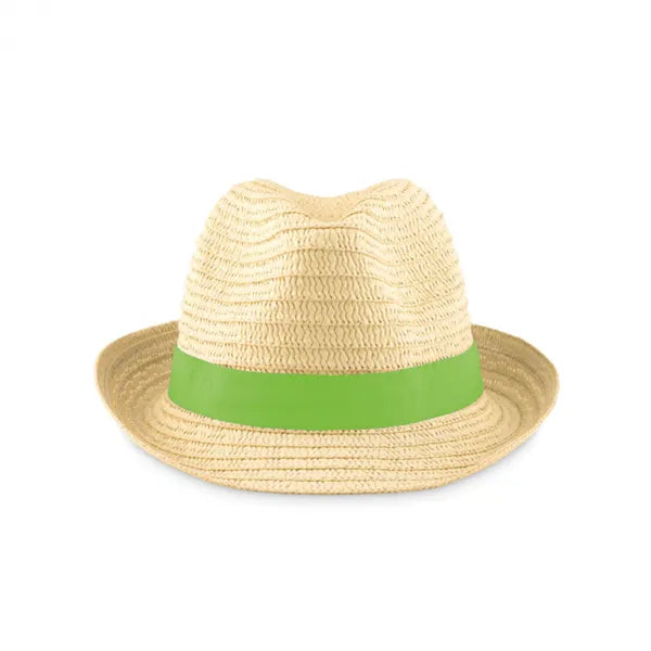 Papieren strohoed met bedrukbare band, Beige en groen - 199341