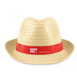Papieren strohoed met bedrukbare band, Beige en rood - 199341