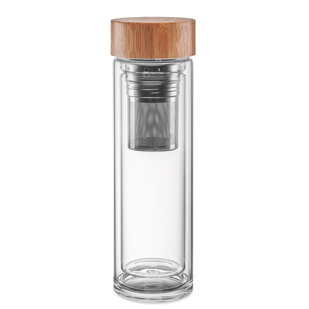 Glazen drinkfles 420 ml dubbelwandig met bamboe dop, Transparant - 199420