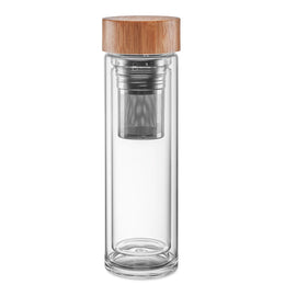 Glazen drinkfles 420 ml dubbelwandig met bamboe dop, Transparant - 199420
