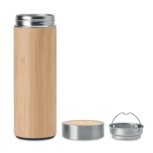 Dubbelwandige thermosfles 400 ml met bamboe afwerking, Bruin - 199421