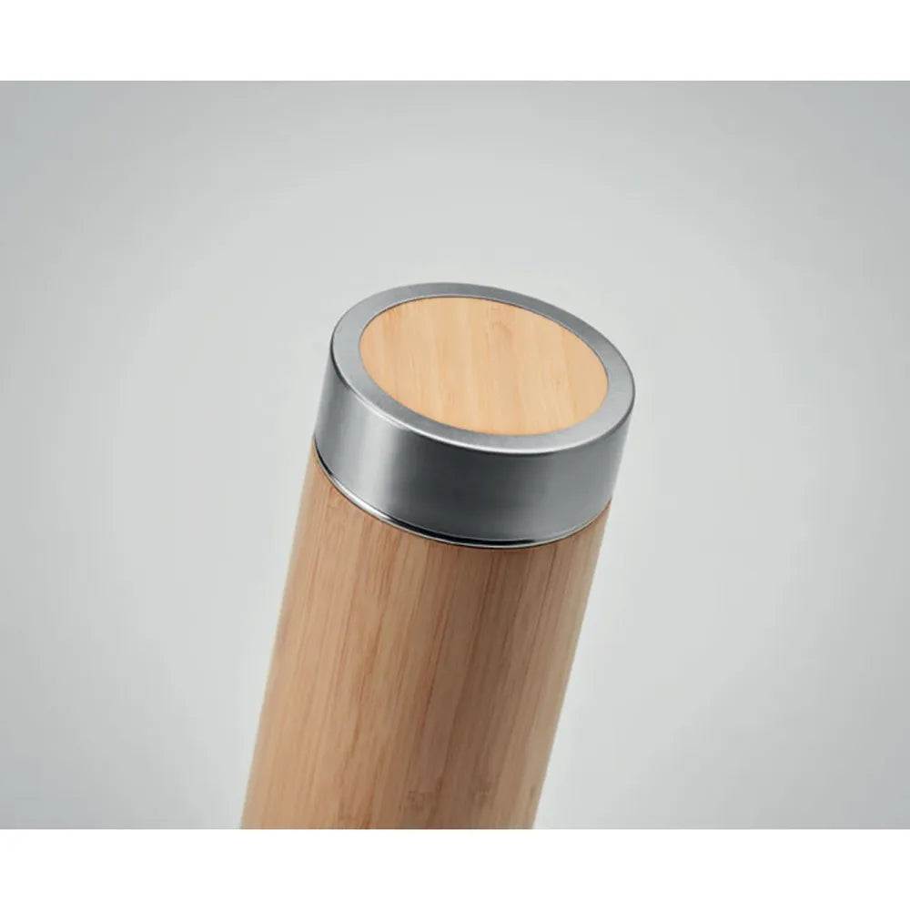 Dubbelwandige thermosfles 400 ml met bamboe afwerking detail, Bruin - 199421