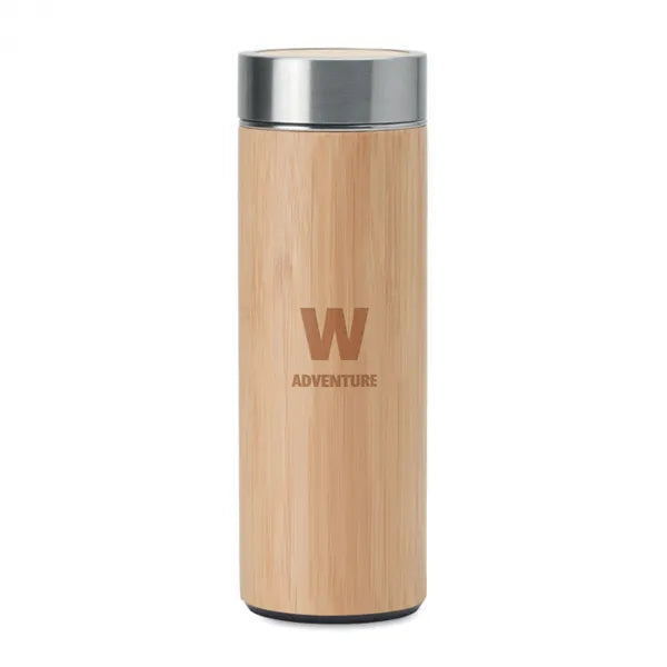Dubbelwandige thermosfles 400 ml met bamboe afwerking met gravering, Bruin - 199421