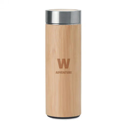 Dubbelwandige thermosfles 400 ml met bamboe afwerking met gravering, Bruin - 199421