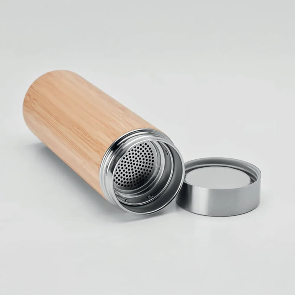 Dubbelwandige thermosfles 400 ml met bamboe afwerking sfeerbeeld, Bruin - 199421