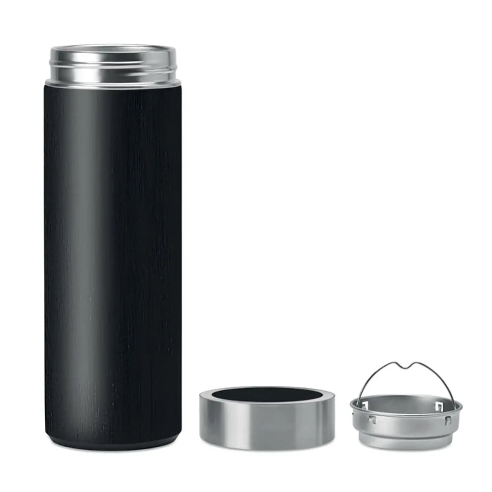 Dubbelwandige thermosfles 400 ml met bamboe afwerking, Zwart - 199421