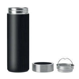 Dubbelwandige thermosfles 400 ml met bamboe afwerking, Zwart - 199421