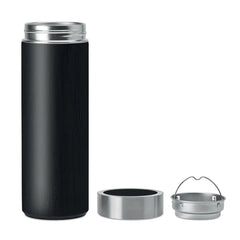 Dubbelwandige Thermosfles 400 ml met Bamboe Afwerking - Zwart