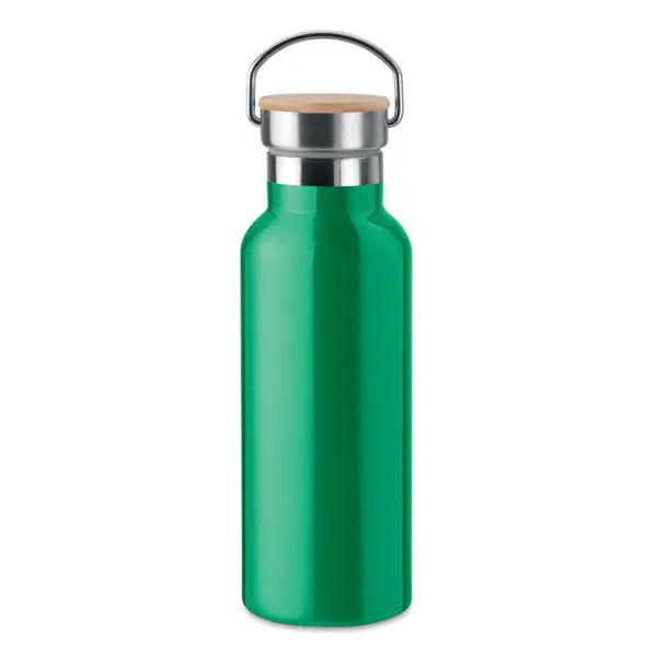 Dubbelwandige RVS-drinkfles met bamboe dop, Groen - 199431