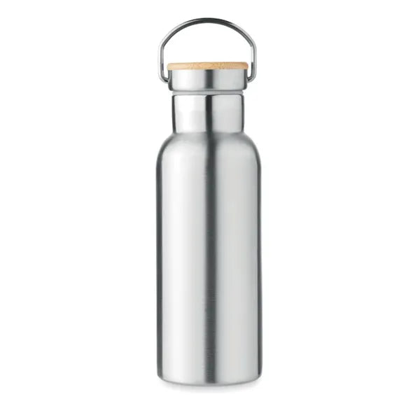 Dubbelwandige RVS-drinkfles met bamboe dop, Zilver - 199431