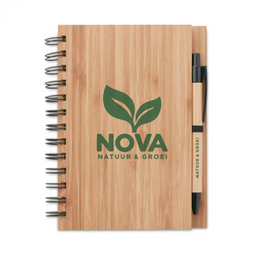 Notitieboek met bamboe cover en balpen gerecycled papier, Beige  met print - 199435