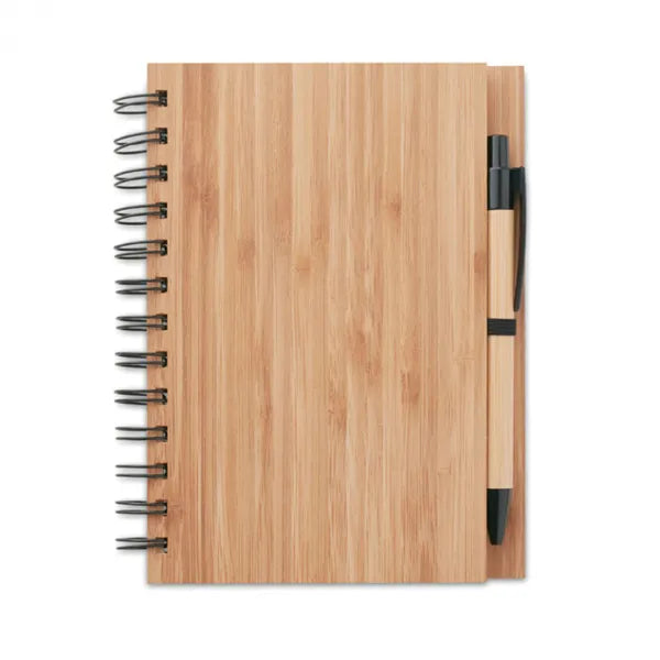 Notitieboek met bamboe cover en balpen gerecycled papier, Beige - 199435