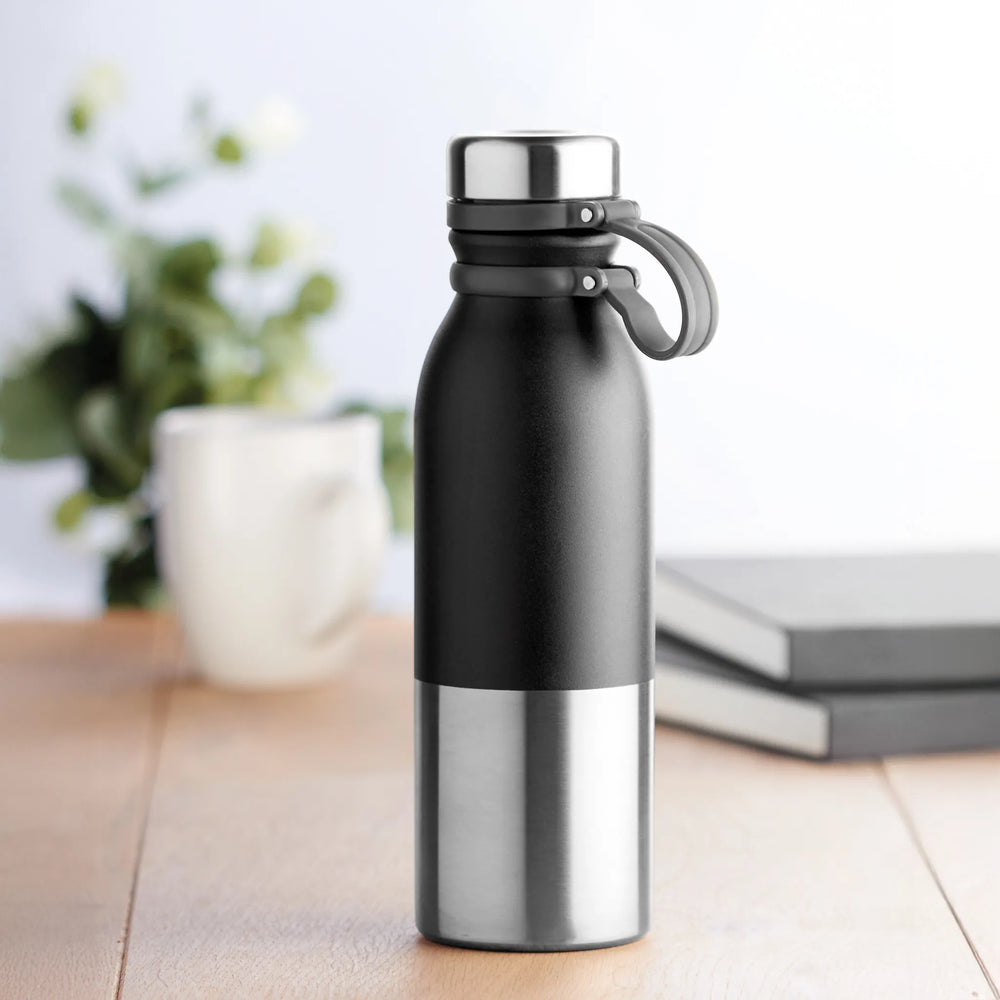 RVS drinkfles 600 ml dubbelwandig met siliconen grip sfeerbeeld, Zwart - 199539
