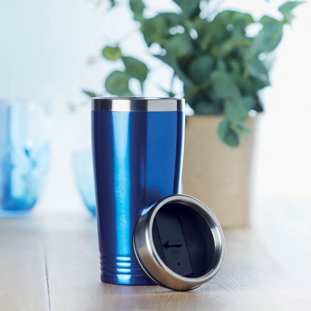 Dubbelwandige RVS drinkbeker 400 ml met zwart deksel sfeerbeeld, Blauw - 199618