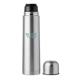 Thermosfles 1 liter van RVS met vacuümisolatie met bedrukking en losse dop, Zilver - 199703