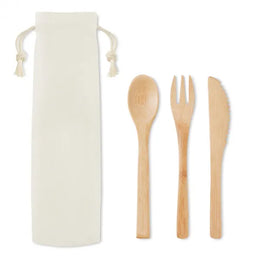 Herbruikbare bamboe bestekset in canvas opbergzakje, Beige - 199786