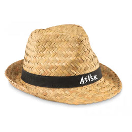 Strohoed met zwarte band met bedrukking, Beige en zwart - 199844