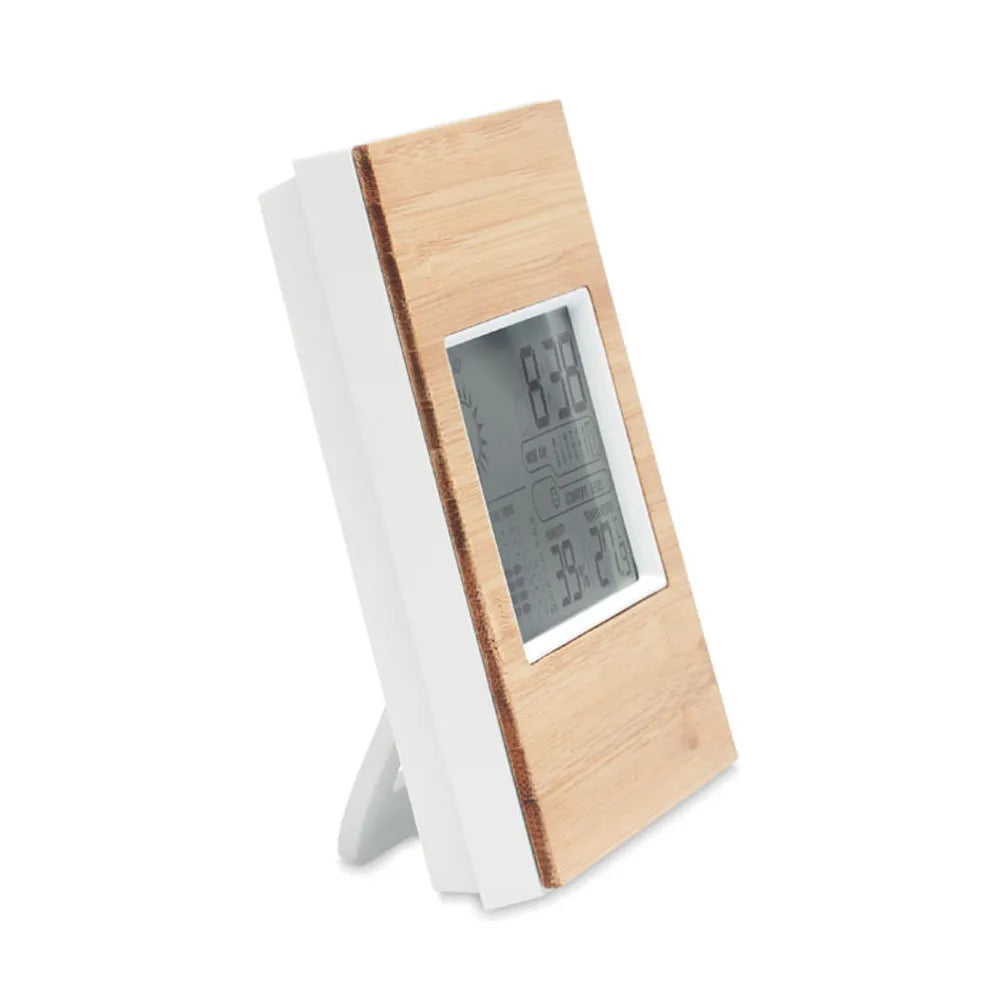 Thermometer met bamboe voorzijde en klok schuin van opzij, Beige - 199959