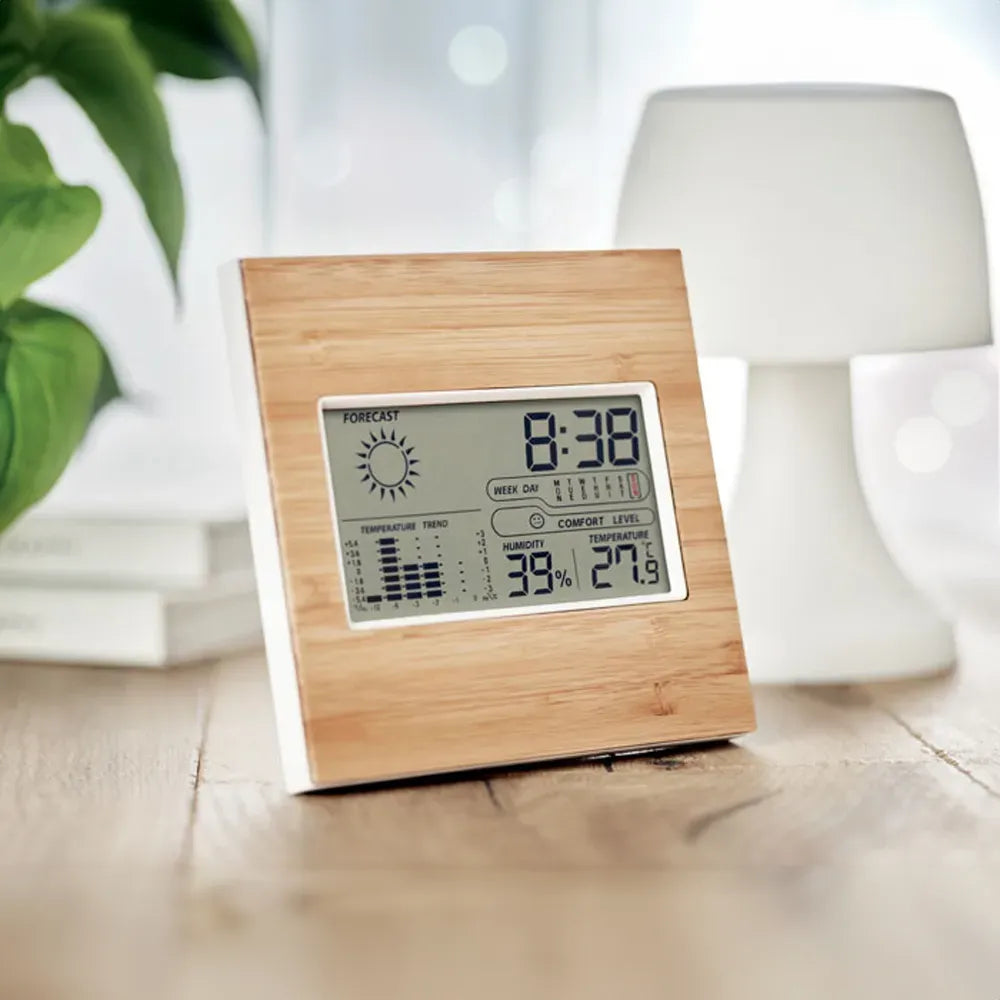 Thermometer met bamboe voorzijde en klok sfeerbeeld, Beige - 199959