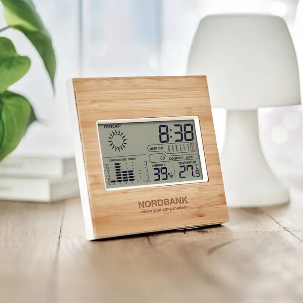 Thermometer met bamboe voorzijde en klok voorzijde met bedrukking, Beige - 199959